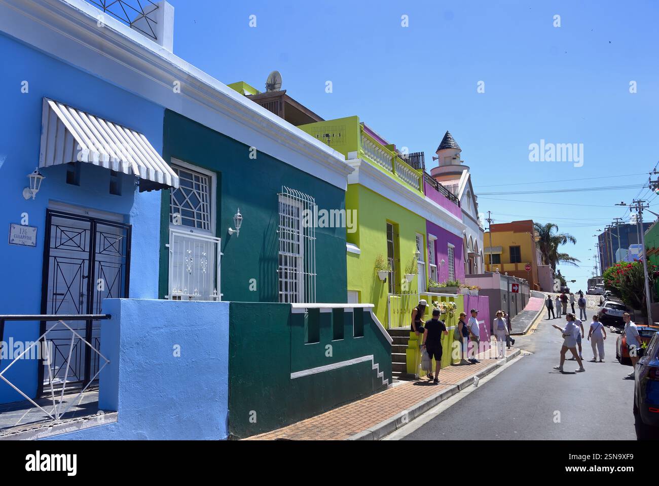 Colourful houses at the Bo-Kaap neighbourhood, Cape Town, South, Africa, RSA, (Schotsche Kloof,Malay Quarter, Muslim, neighbourhood, Chiappini Street, ) Stock Photo