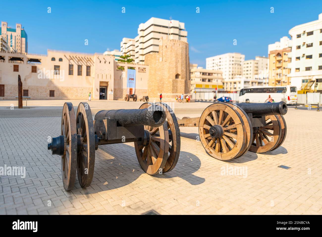 View from the cannons in front of Sharjah Al Hisn Fort in the center of the city of Sharjah, United Arab Emirates. Stock Photo