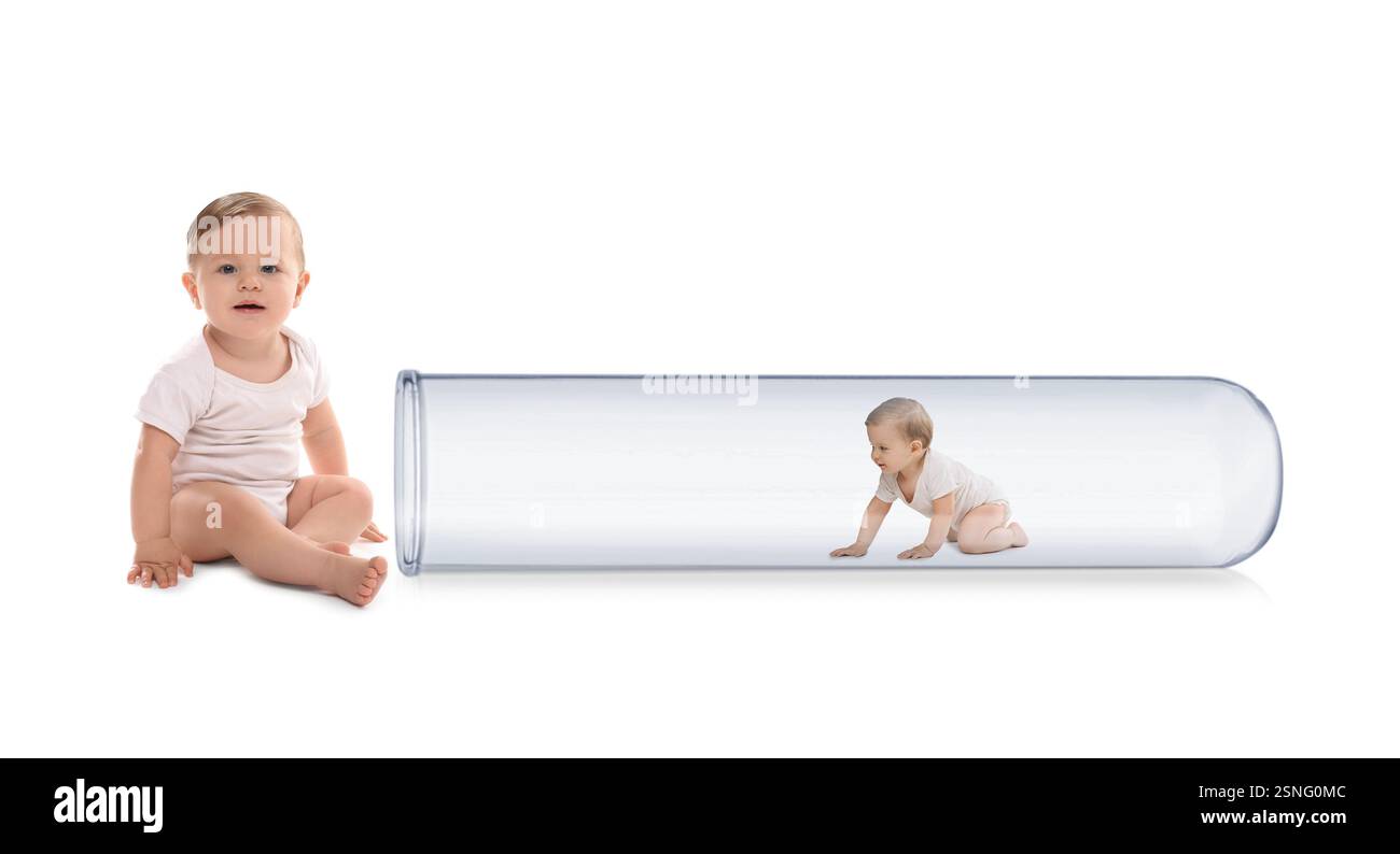 Cute baby getting out from glass test tube on white background. In ...