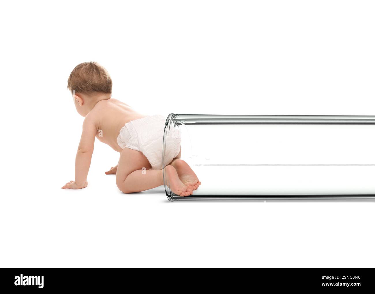 Cute baby getting out from glass test tube on white background. In ...