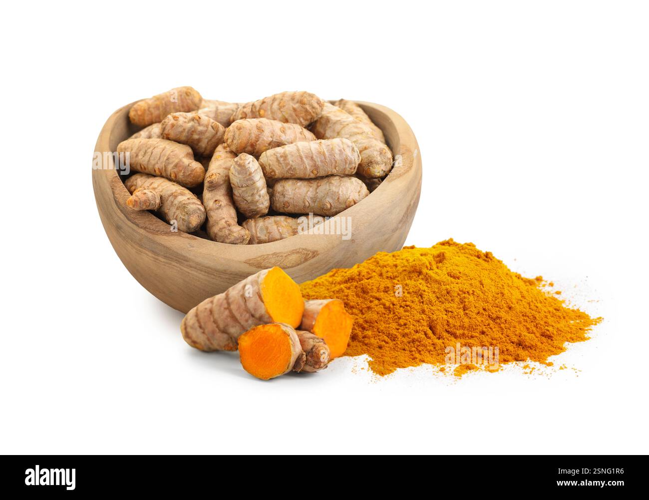 Turmeric powder and fresh root isolated on white Stock Photo