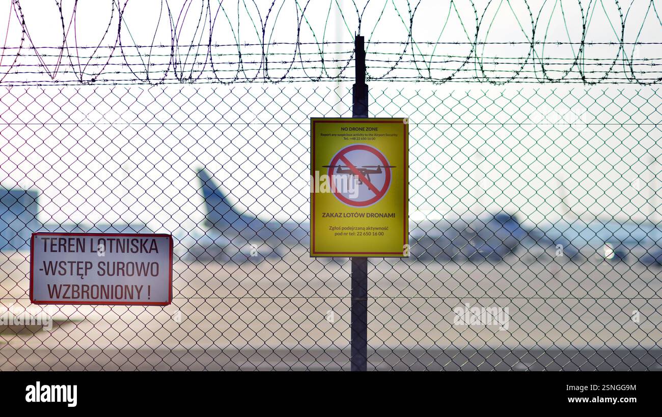 Warsaw ,Poland. 9 February 2025. No drone zone. No drone flying at perimeter fence netting of Chopin airport airspace. Stock Photo