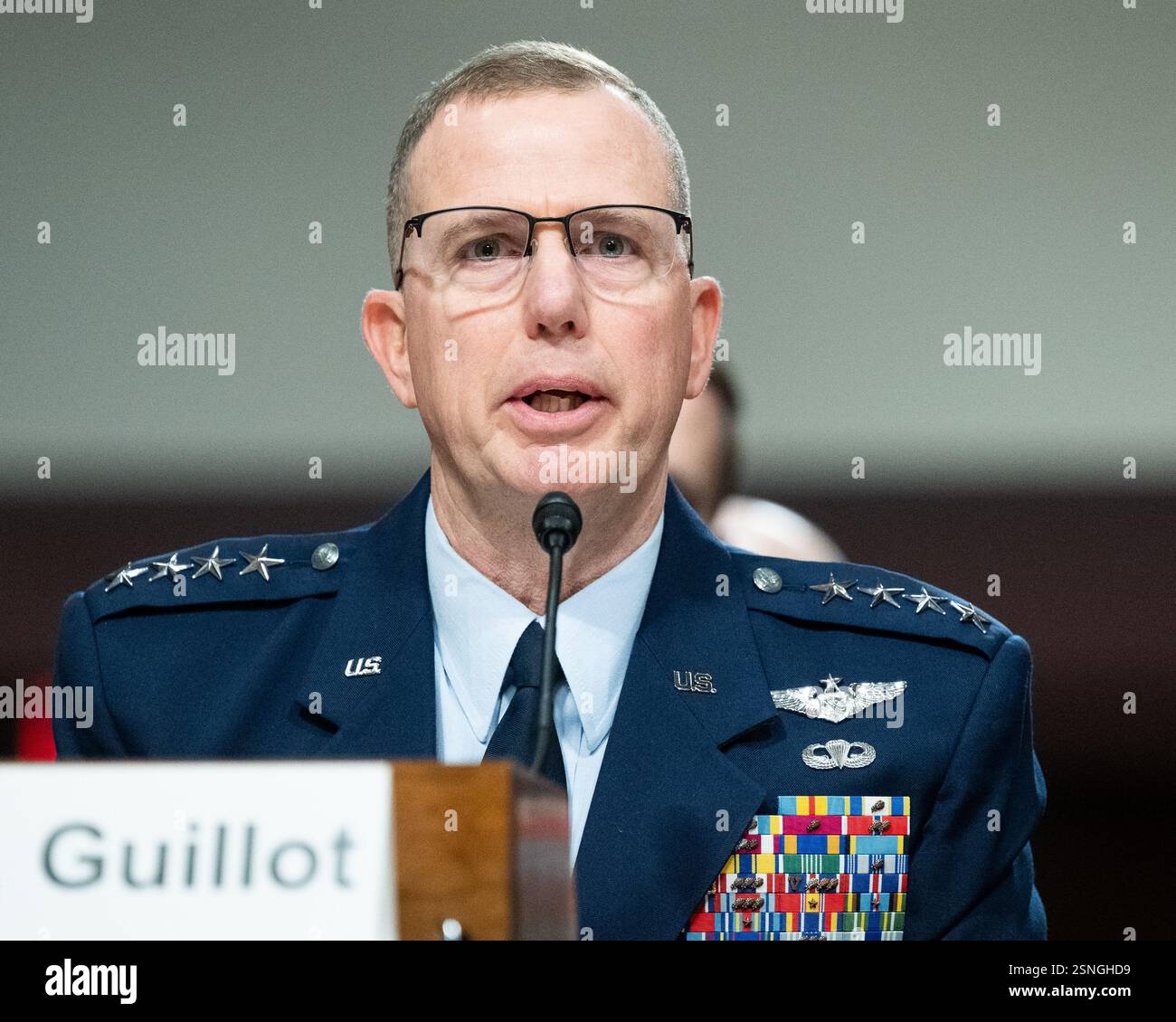 Washington, United States. 13th Feb, 2025. General Gregory Guillot, USAF, Commander, United States Northern Command and North American Aerospace Defense Command, speaking at a hearing of the Senate Armed Services Committee at the U.S. Capitol. Credit: SOPA Images Limited/Alamy Live News Stock Photo