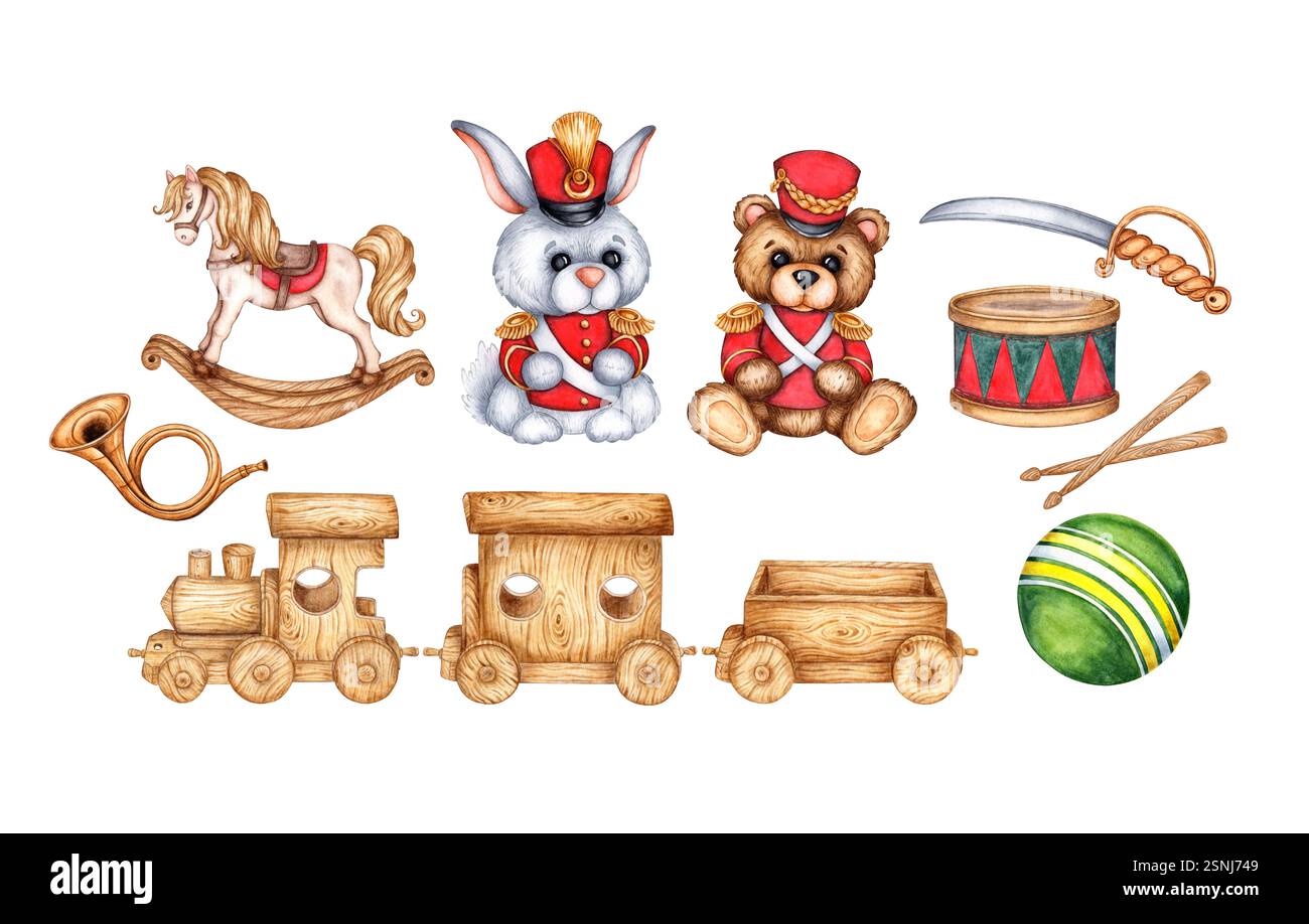 Bugle Rabbit Set of children's toys with rocking horse, military bear and rabbit ...