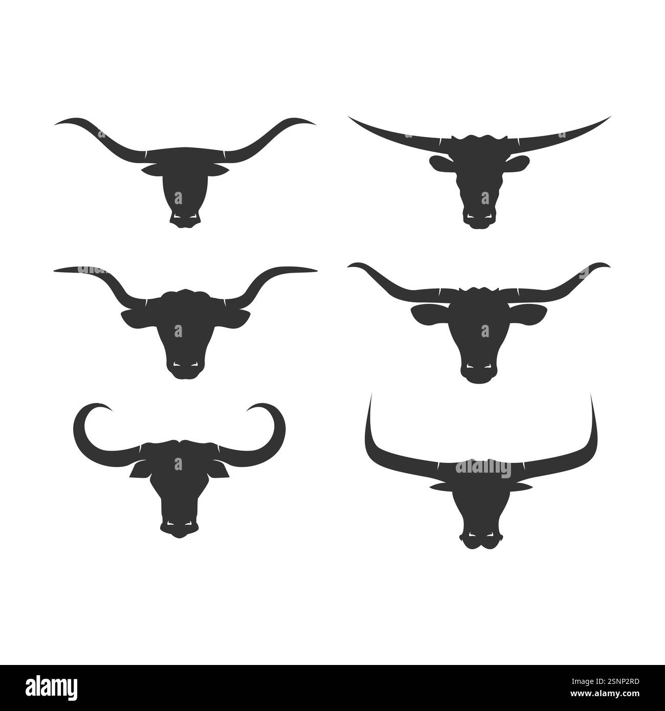 Bull head icon set. Bullhead silhouette long horn vector template Stock ...