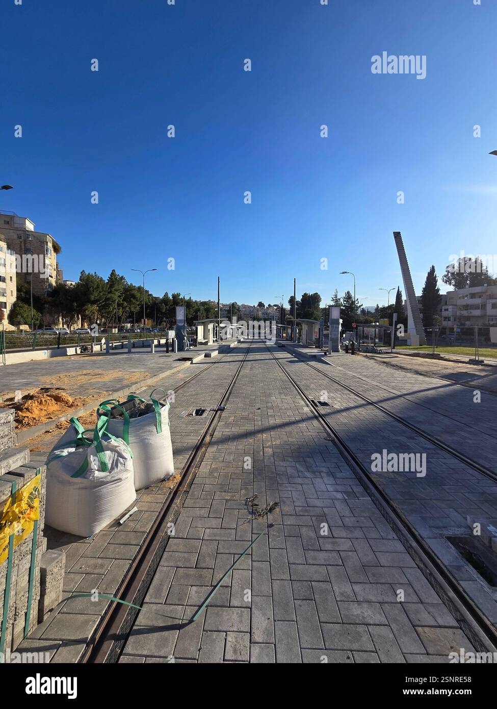 Light rail construction on Harav Herzog Ave. in Jerusalem, Israel. - Smartphone Captured Stock Image