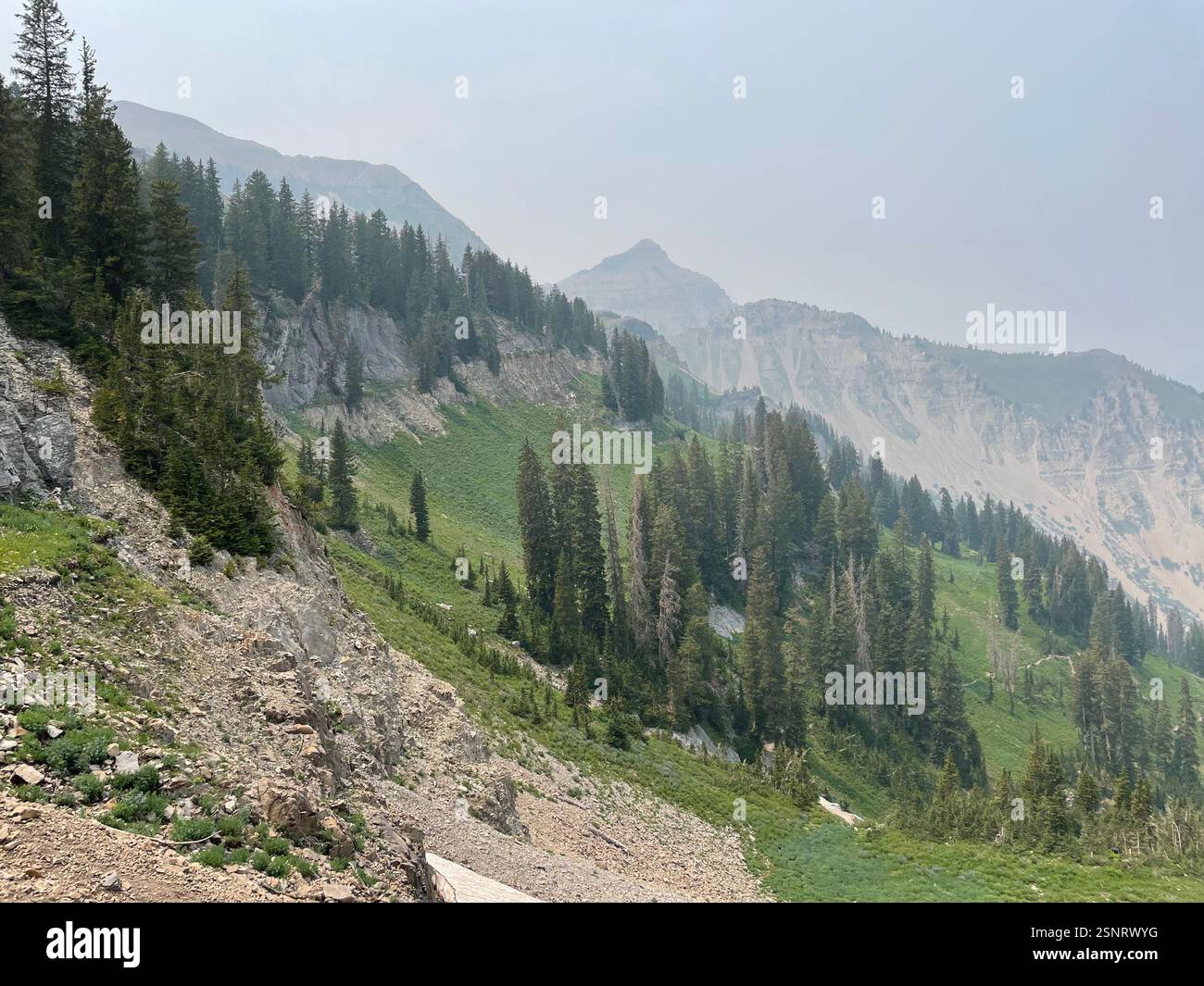 Hiking trail up Mt. Timpanogos with smoky air - Smartphone Captured Stock Image