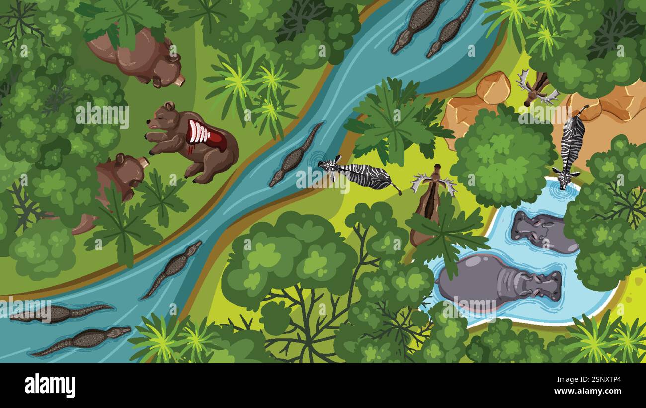 Animals gather around rivers in lush greenery Stock Vector Image & Art ...