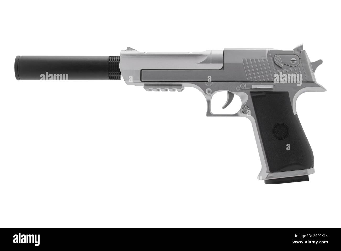 Toy handgun with silencer on white background Stock Photo