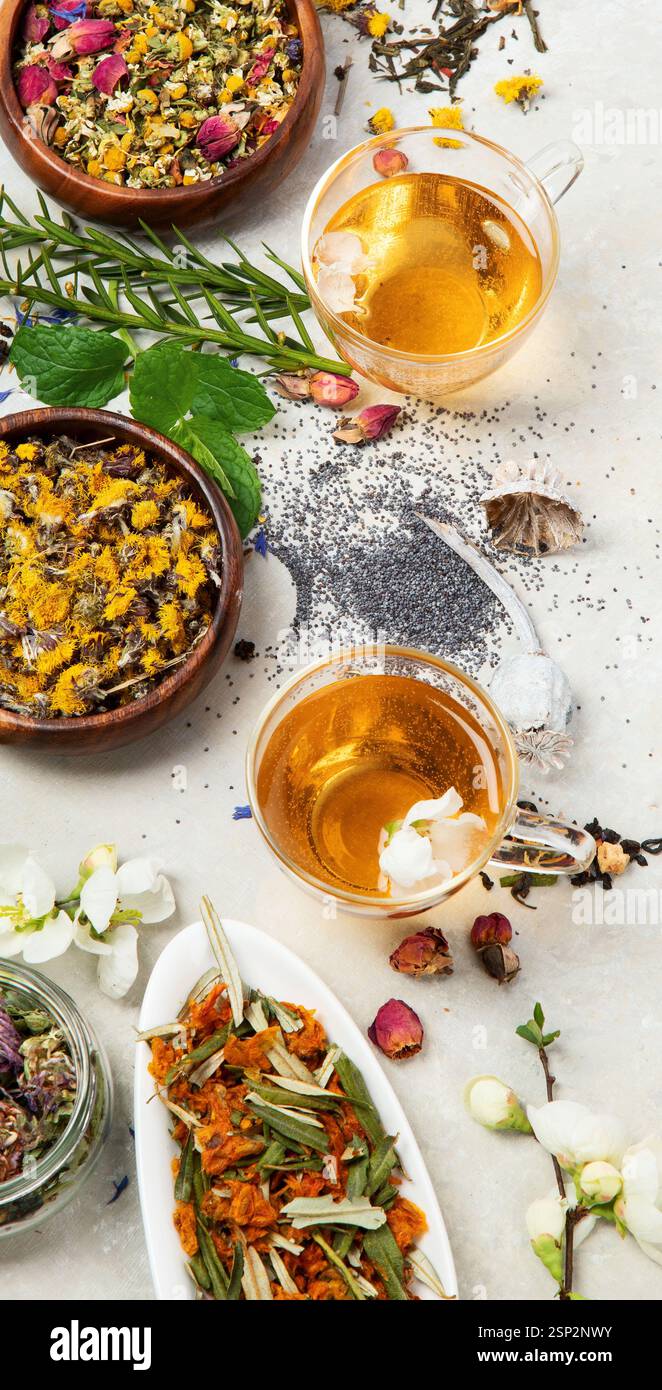 Herbal tea assortment on light background. Traditional healthcare ...
