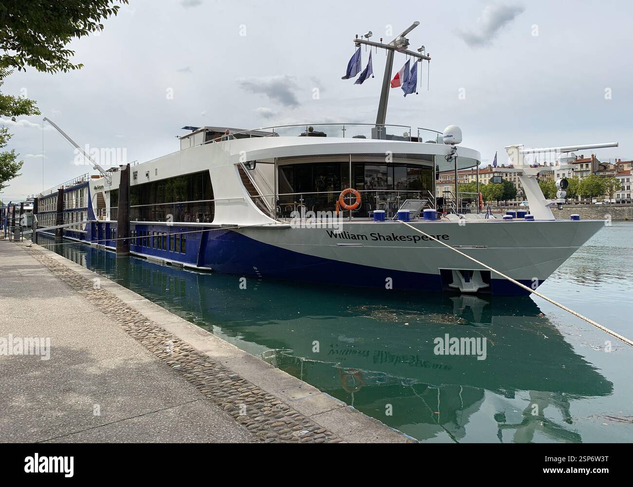 River cruise ship MS WILLIAM SHAKESPEARE in stopover in Lyon, France (Riviera Travel) - Cruises on the Rhone, one of most beautiful european waterways - Smartphone Captured Stock Image