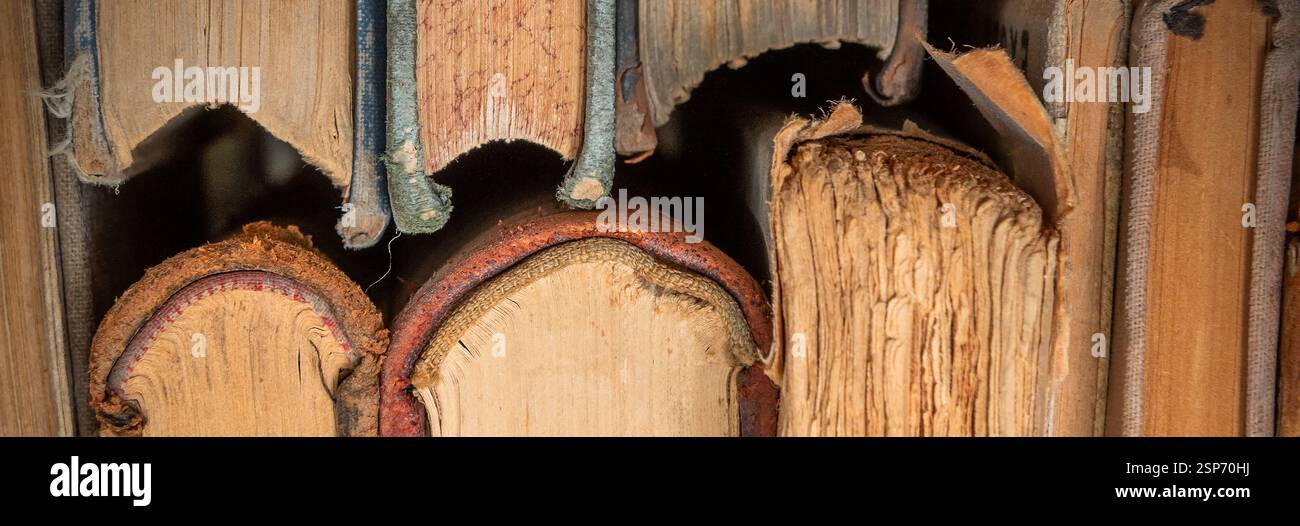 Textured stack of old books close up. Close up of old paper pages of book. Concept of reading and learning Stock Photo