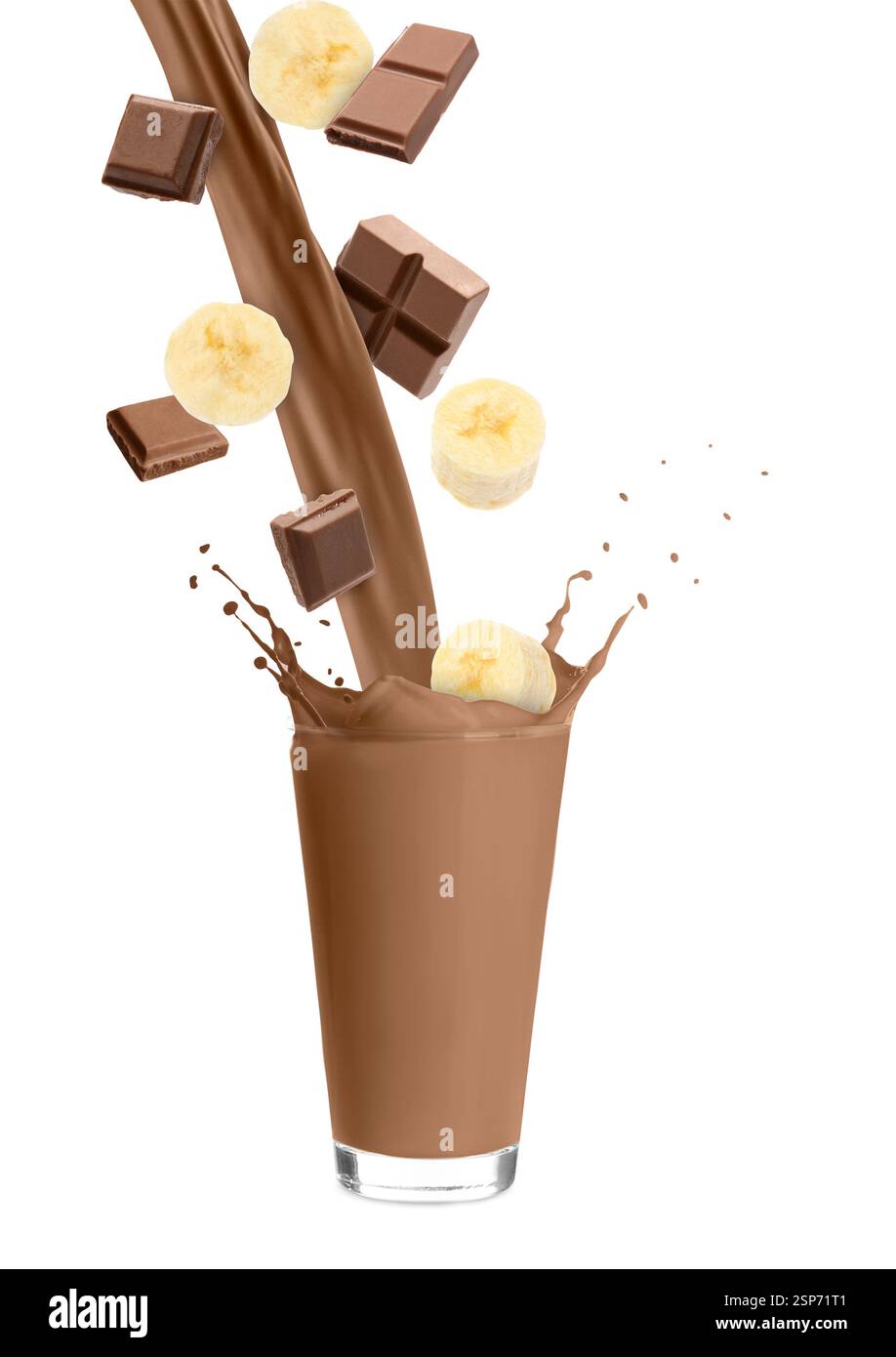 Banana chocolate milkshake and pieces of fresh fruit on white ... Banana chocolate milkshake and pieces of fresh fruit on white ...