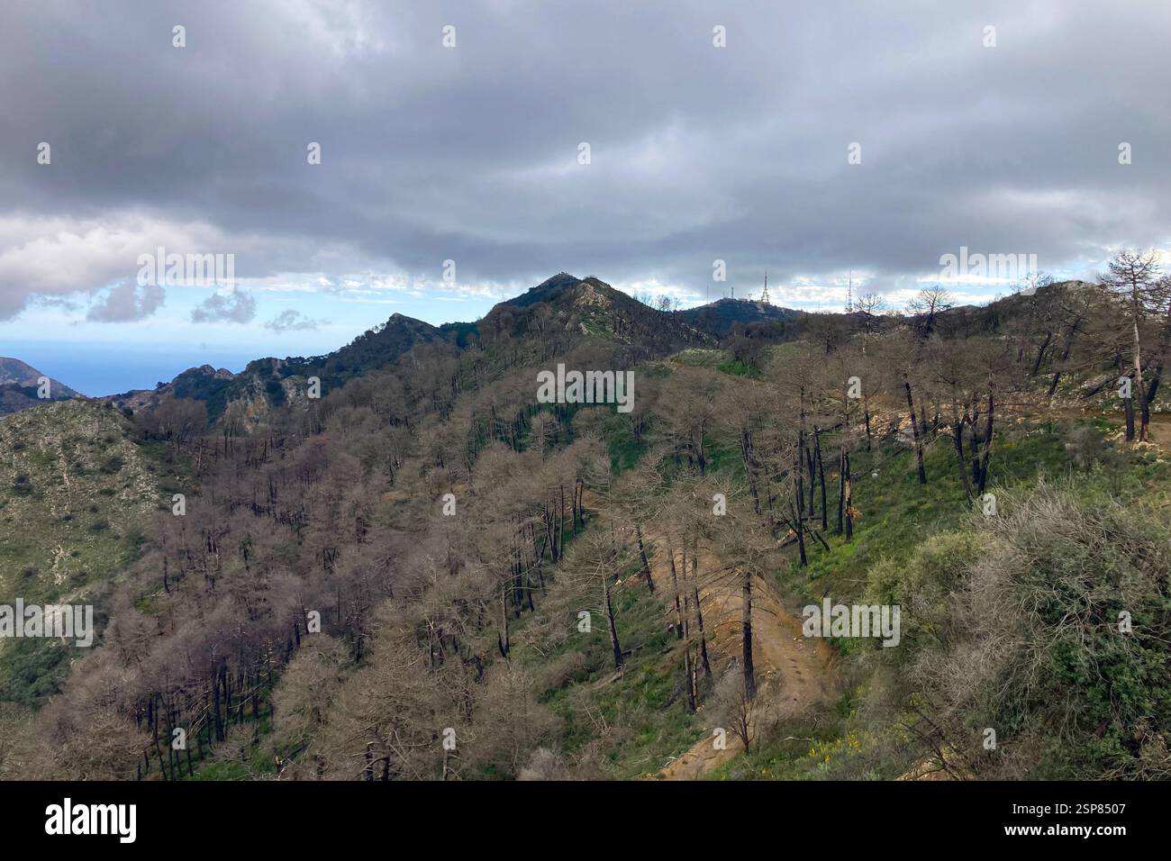 Hiking on trail along abandoned open-pit mine and burnt trees near Mijas, Spain - Smartphone Captured Stock Image