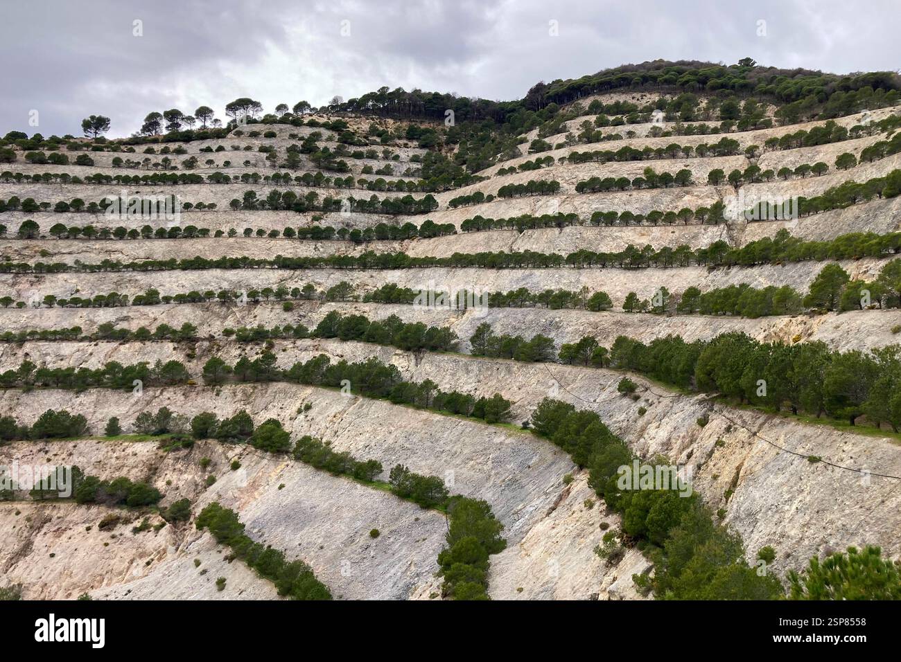Hiking on trail along abandoned open-pit mine and burnt trees near Mijas, Spain - Smartphone Captured Stock Image