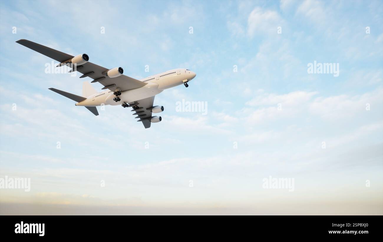 Plabe Rising Conceptual flying white passenger jetliner or commercial plane after ...