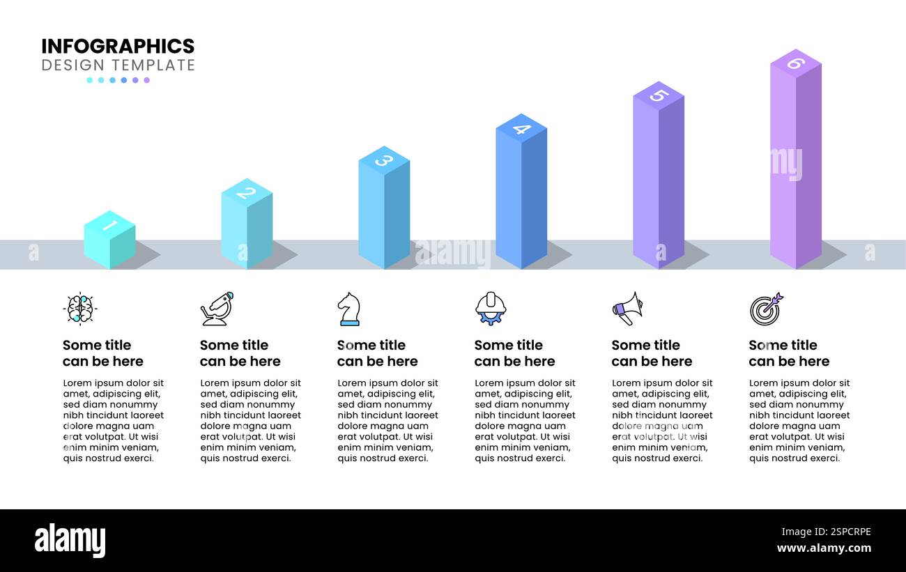 Infographic template with icons and 6 options or steps. Growing columns. Can be used for workflow layout, diagram, banner, webdesign. Vector illustrat Stock Vector