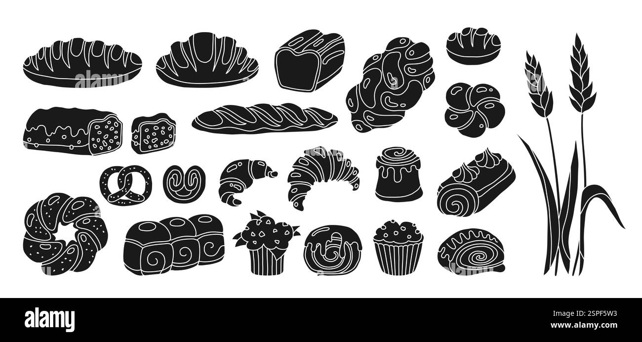 Bread and Pastry Bakery products doodle engraving set. Loaf Bun Roll ...