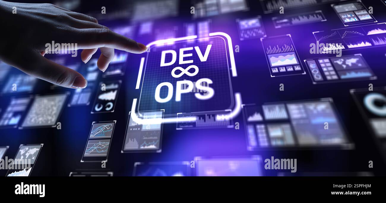 DevOps Development and Operations Integration for Efficient Delivery, projection on a virtual screen, Business and Technology Concept. Stock Photo