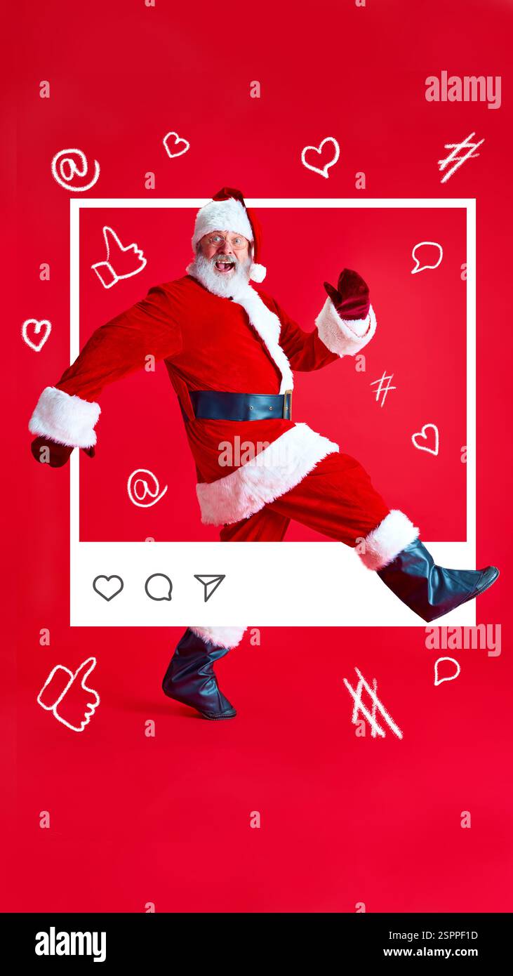 Contemporary art collage. Santa Claus walking cheerfully in festive ...