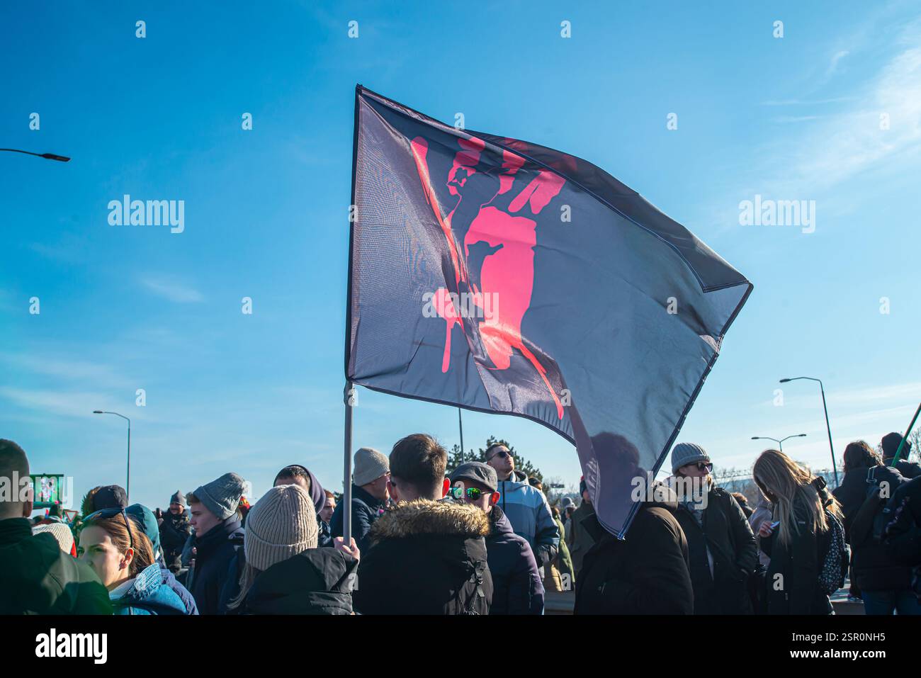 09.02.2025 Belgrade, Serbia, Students, bikers  and farmers  protest against the government demanding justice for the 15 lives lost in tragic collapse Stock Photo