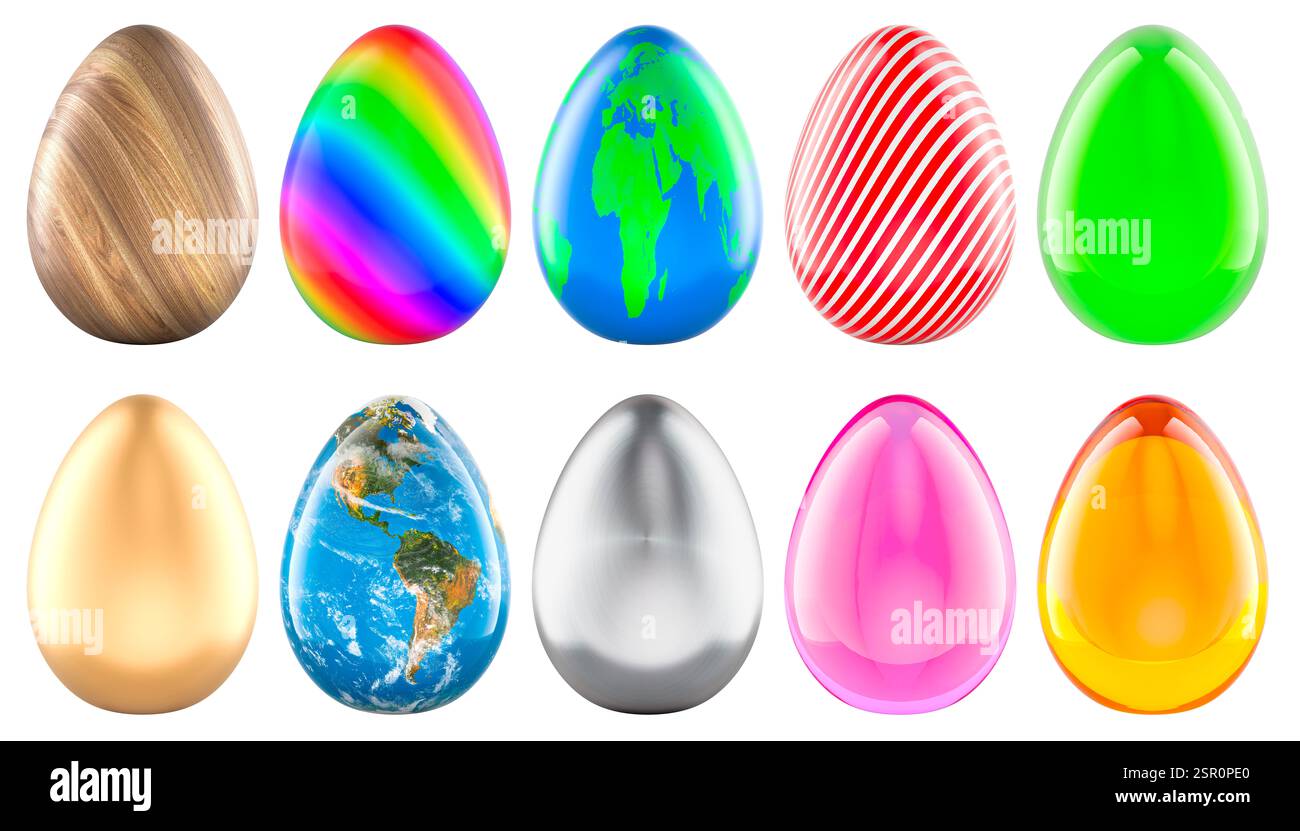 Colored Easter Eggs with different texture. Easter concept. 3D rendering isolated on white background Stock Photo