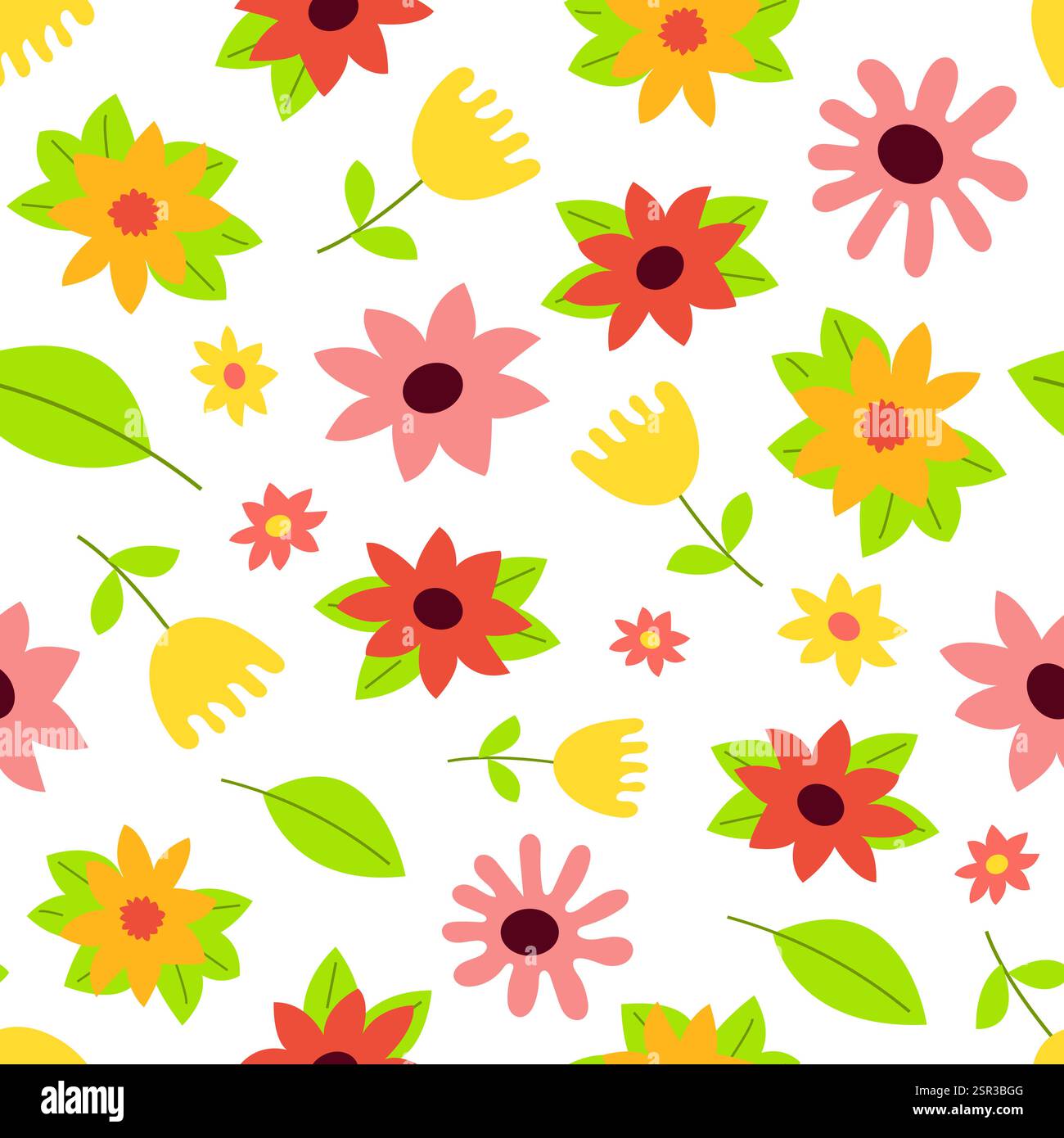 Seamless pattern of flowers and leaves in cartoon style, perfect for ...