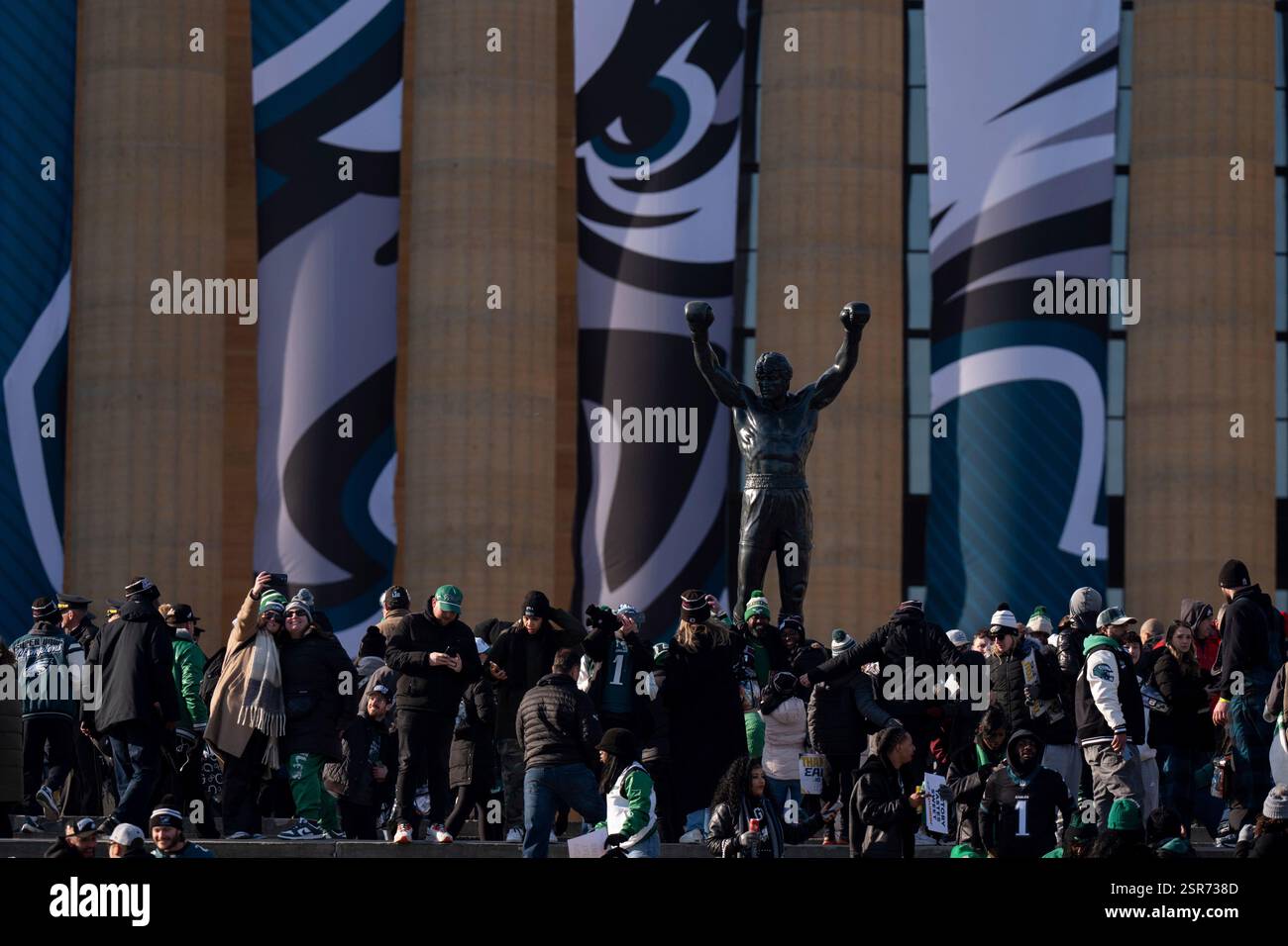 A fans gather at the top of the Philadelphia Art Museum steps following ...