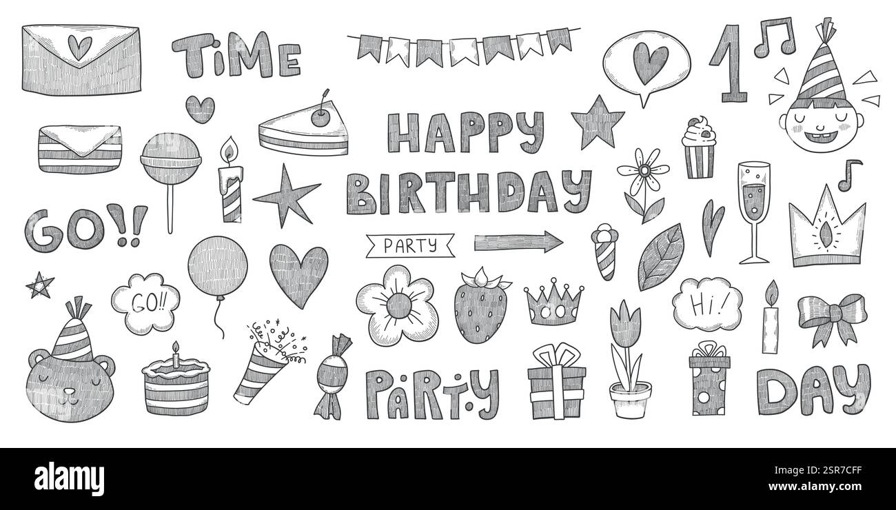 Doodle party icons. Abstract simple hand drawn sketch elements, cute ...