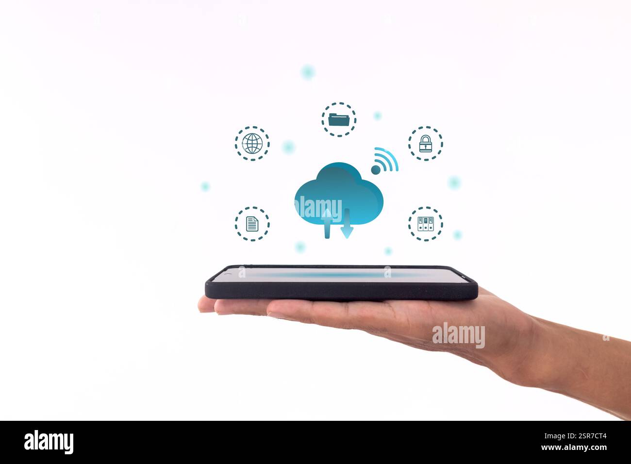 Phone data backup and cloud data storage concept. Man using a smartphone to upload and download data to cloud storage. Stock Photo
