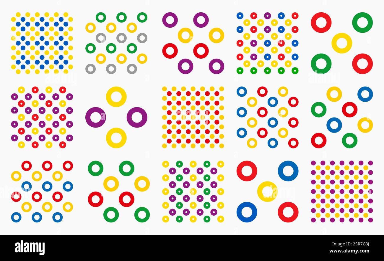 Fun and playful set of seamless vector patterns with colorful rings in ...