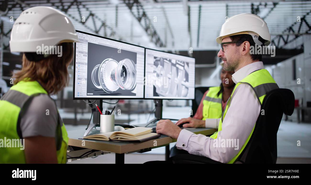 African-American engineer inspects aircraft jet engine with diverse team. Stock Photo