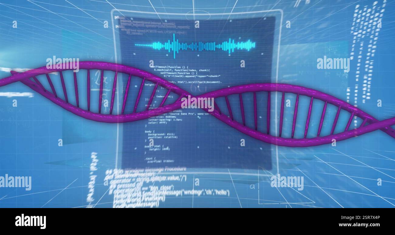 Image of dna strand and data processing over mathematical equations and ...
