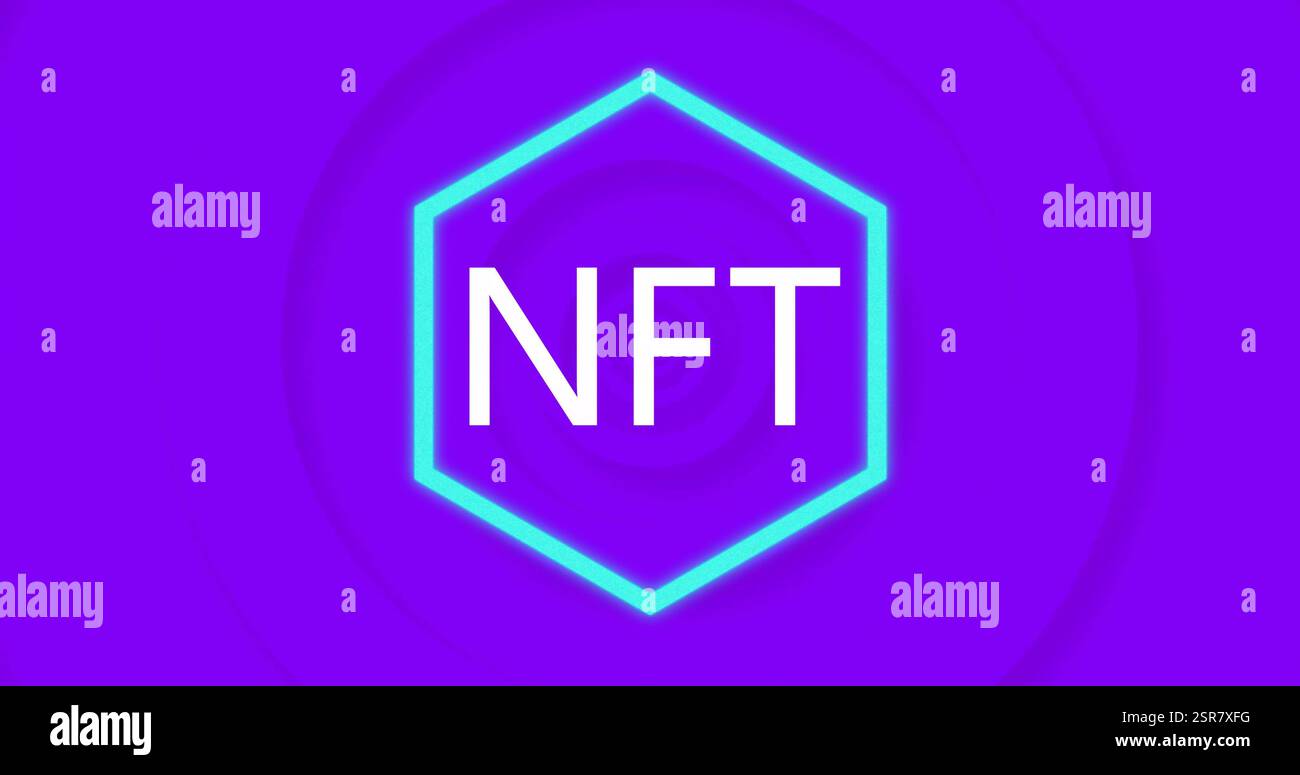 Image of financial data processing and nft text over neon pattern Stock Photo