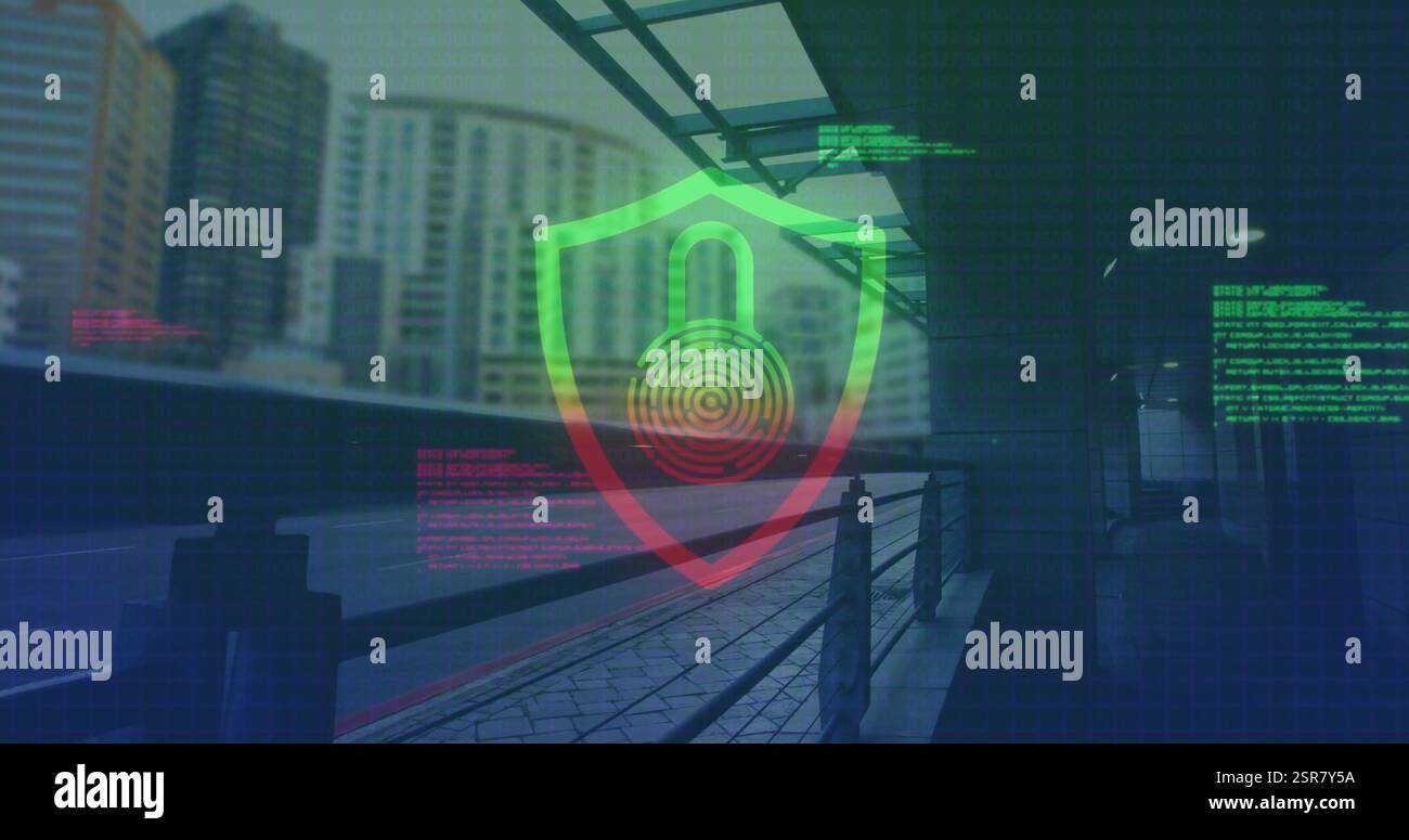 Image of padlock in shield over data processing and train station Stock Photo