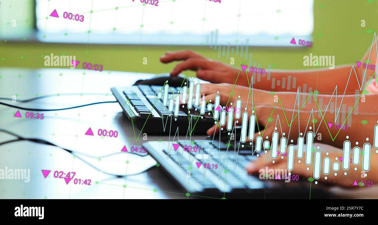 Image of data processing over diverse schoolchildren using computers ...