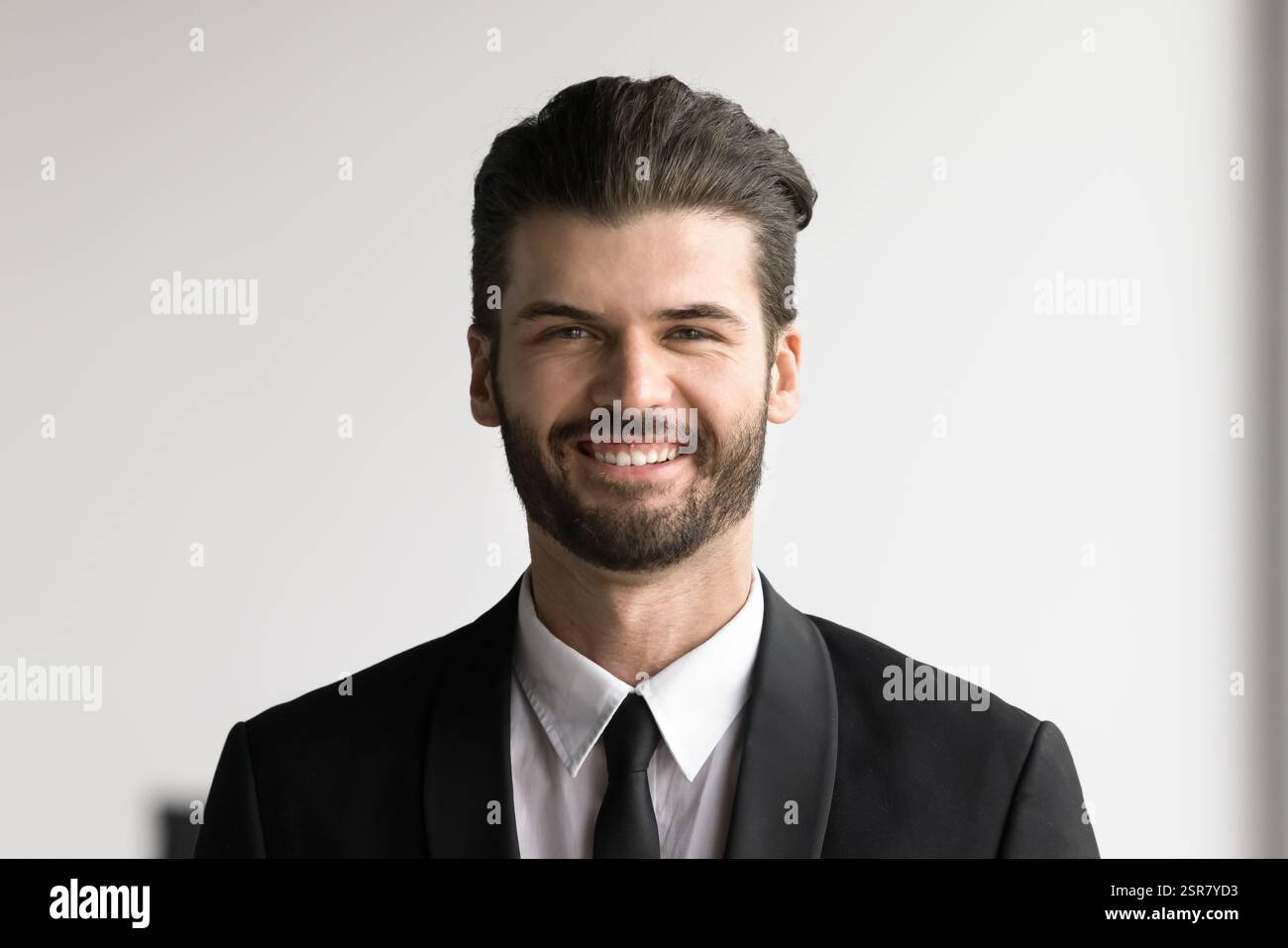 Head shot close up portrait happy European businessman Stock Photo