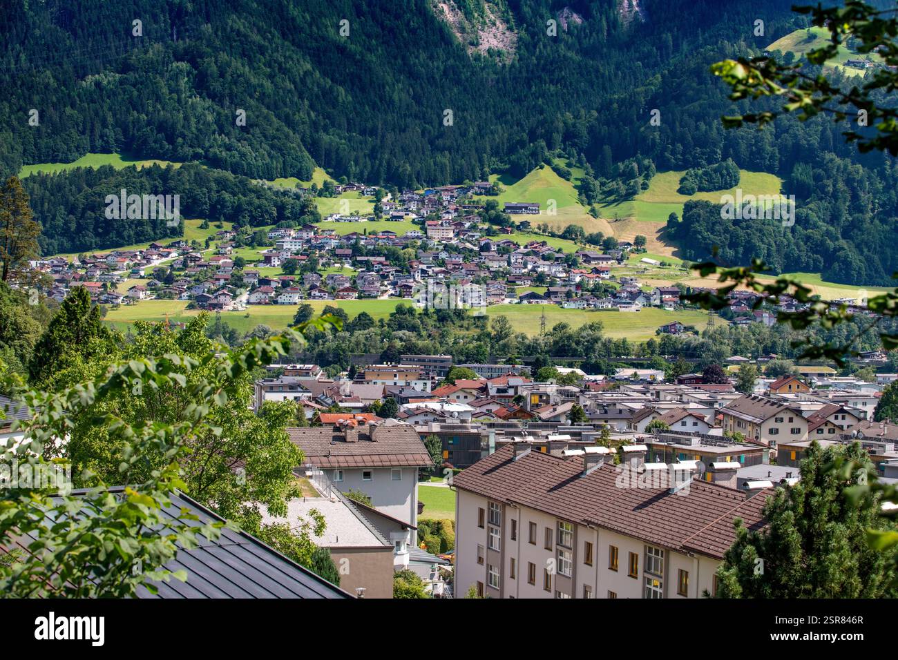 Jenbach village landscape. Along the route the mountain railway takes from Jenbach to Achensee in Austria. Stock Photo
