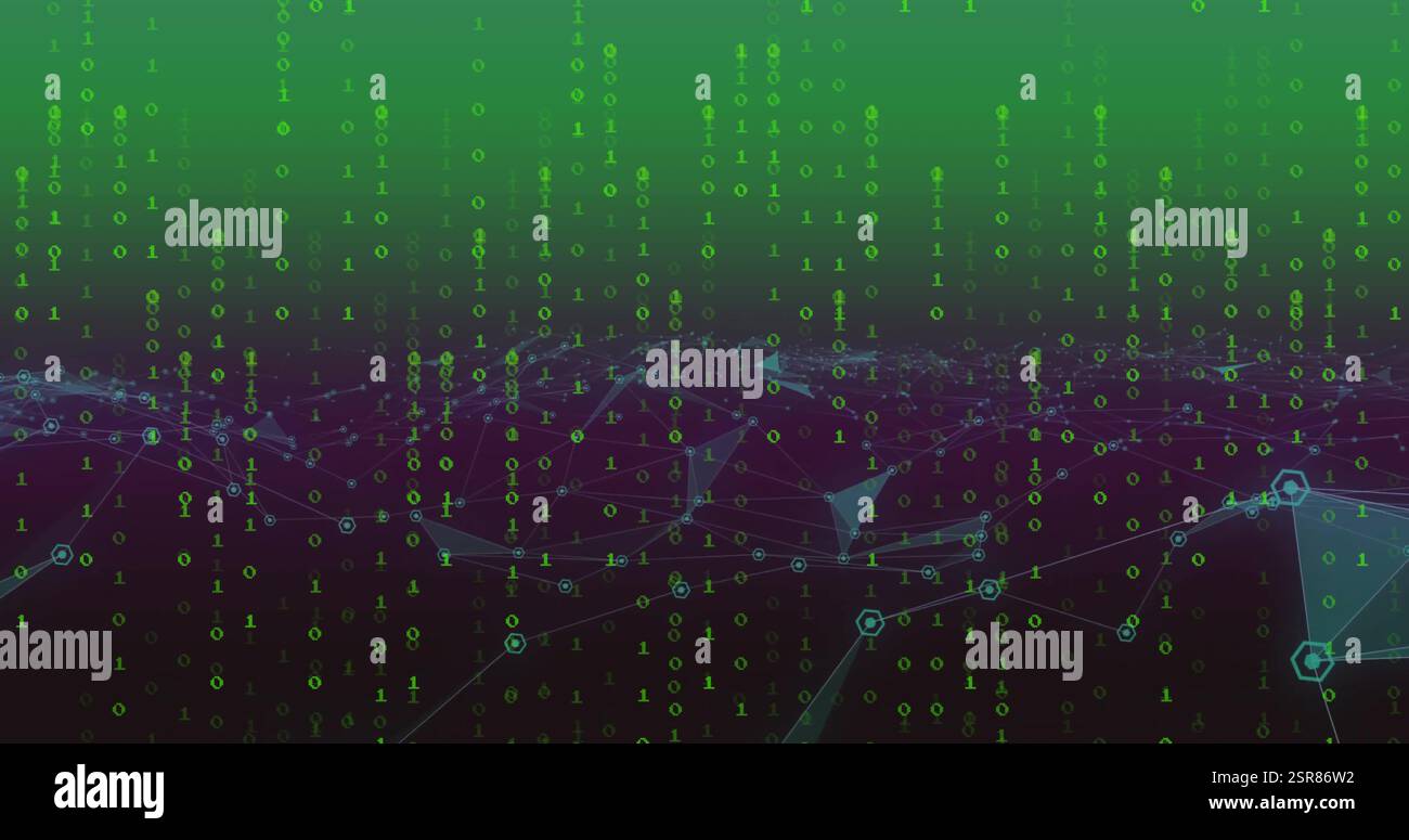 Image of binary coding data processing with glowing neon light trails Stock Photo