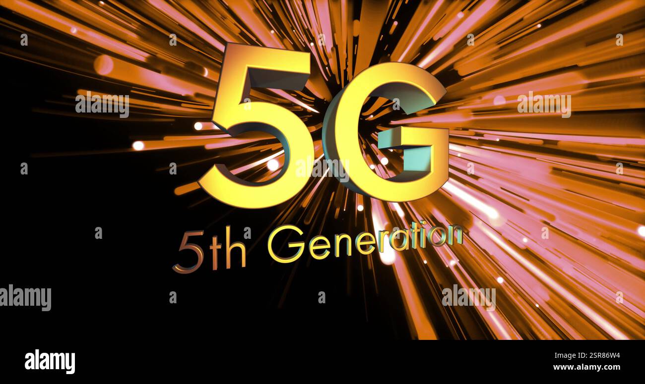Image of 5g 5th generation text and light trails on dark background ...