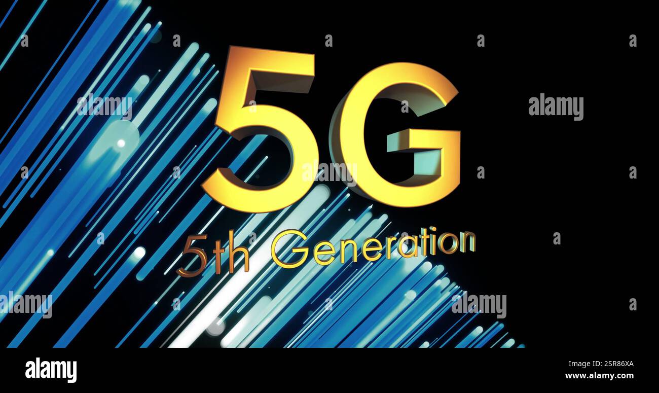 Image of 5g 5th generation text over light trails on dark background ...