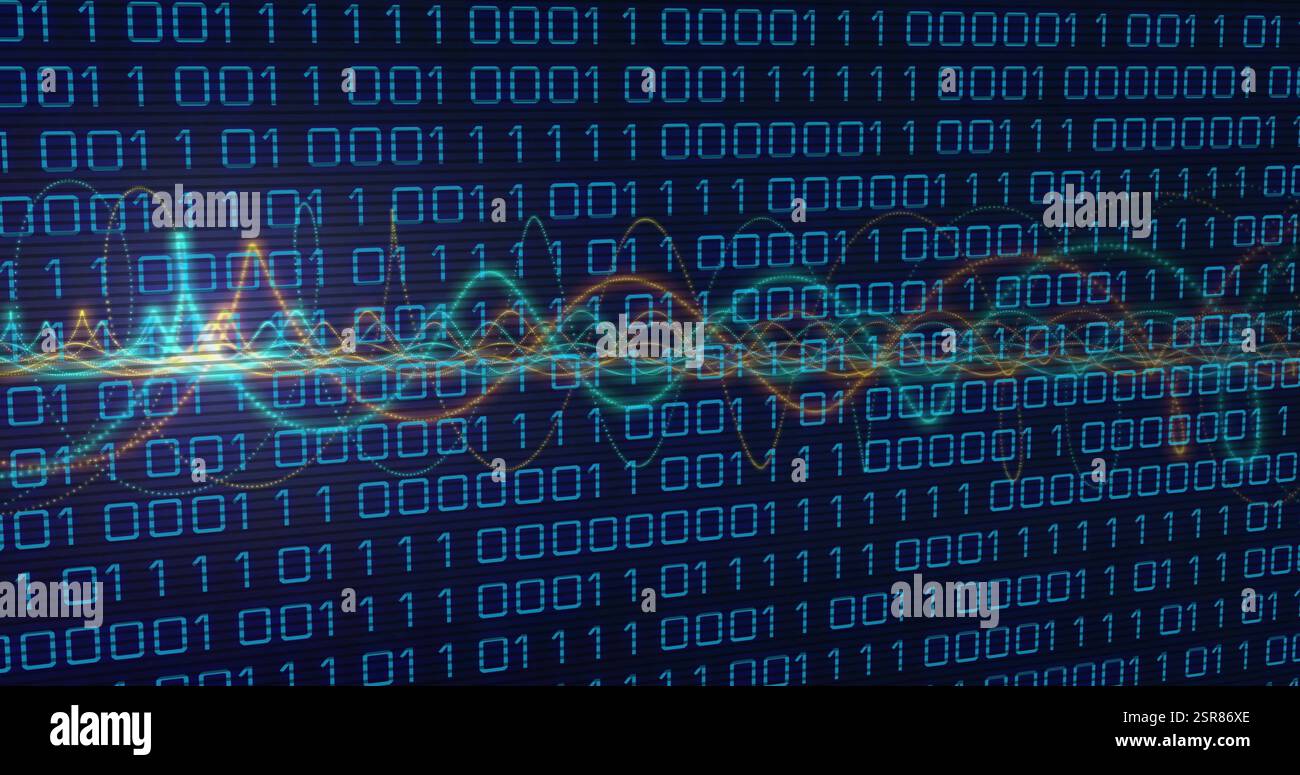 Image of binary coding data processing with glowing neon light trails Stock Photo