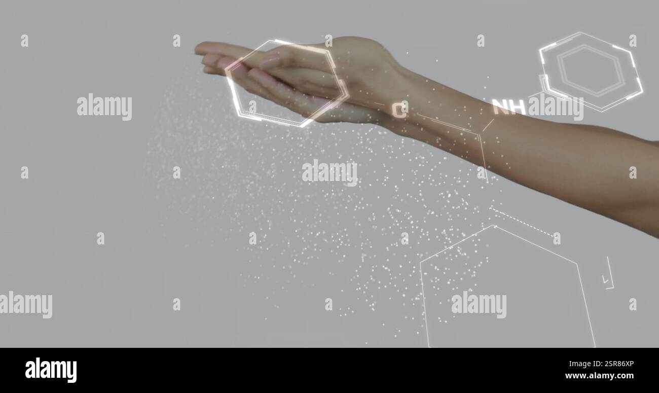 Hand holding molecular structures, image of chemical bonds and elements Stock Photo