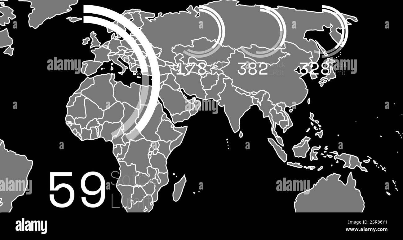 Image of digital data processing over world map on dark background ...