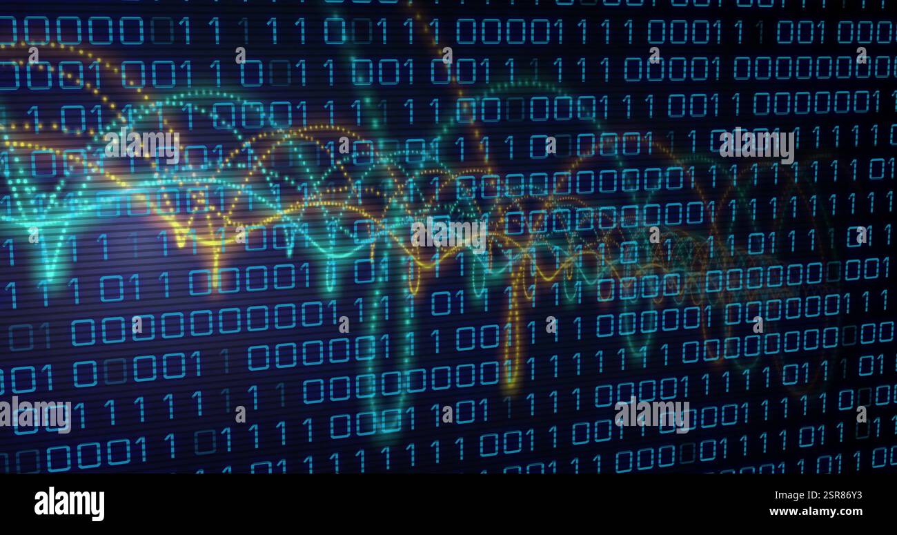 Image of binary coding data processing with glowing neon light trails Stock Photo
