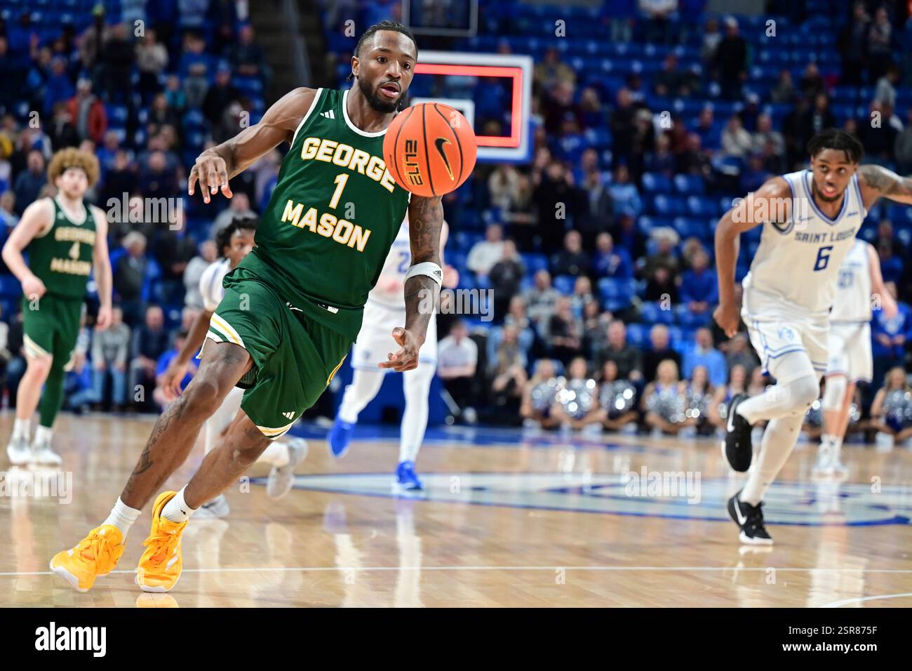 ST. LOUIS, MO - FEBRUARY 11: George Mason guard Jared Billups (1) goes ...