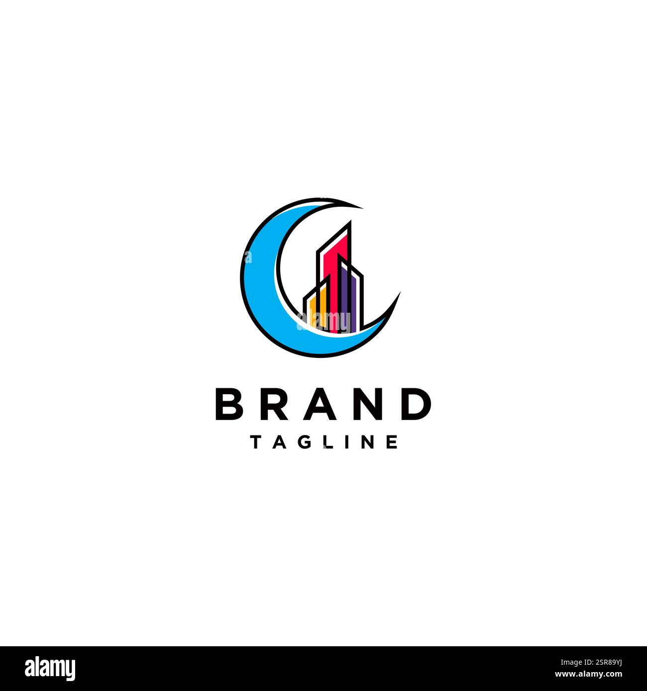 Cheerful Colorful Dream City Logo Design. Crescent Moon Line Design With Skyscraper Silhouettes. Stock Vector