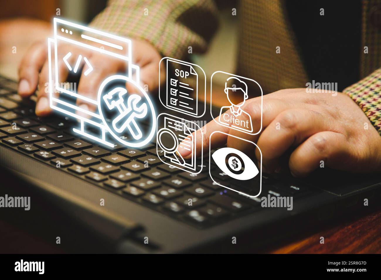 A woman types with digital icons representing build systems, software development, client management, SOPs, and financial oversight, symbolizing autom Stock Photo