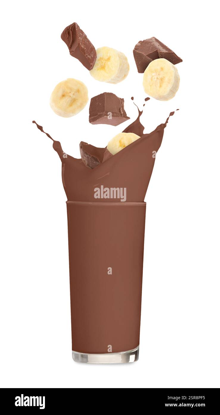 Banana chocolate milkshake and pieces of fresh fruit on white ... Banana chocolate milkshake and pieces of fresh fruit on white ...