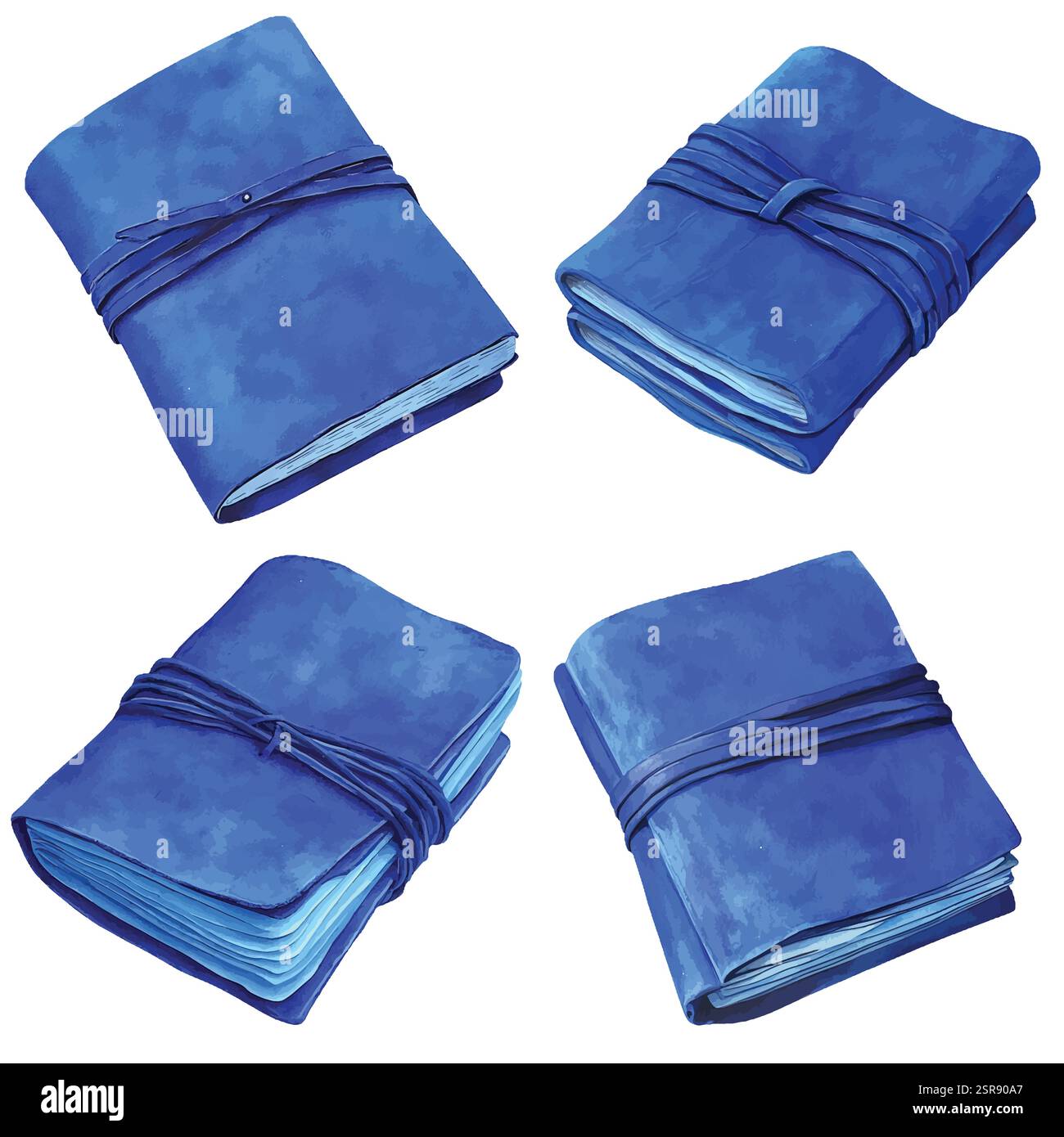 A handdrawn watercolor illustration of Worn Leather Journal Set, Hand-Drawn that was image traced and vectorized. The illustration is perfect for any Stock Vector